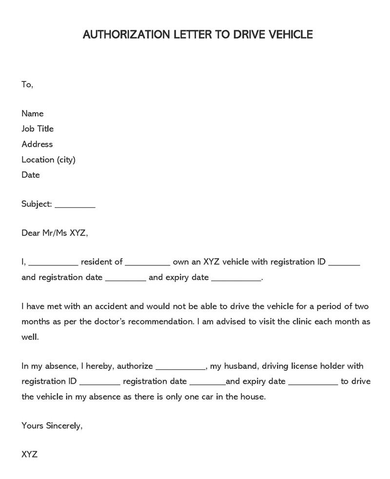 Free Printable Vehicle Use Authorization Letter Template 06 for Word Document