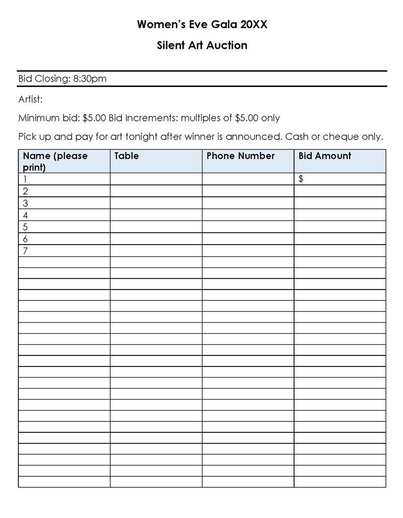  live auction bid sheet template free