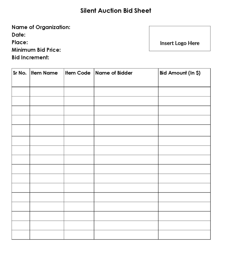 auction bid sheets printable