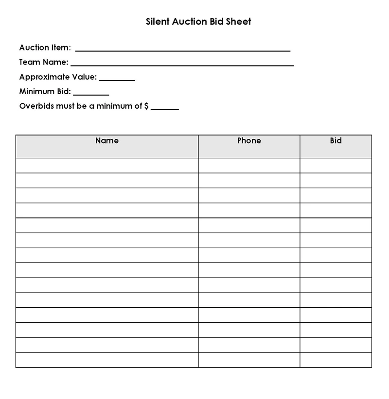 Free Bid Sheet Templates (Silent Auction) - Word, Excel, PDF