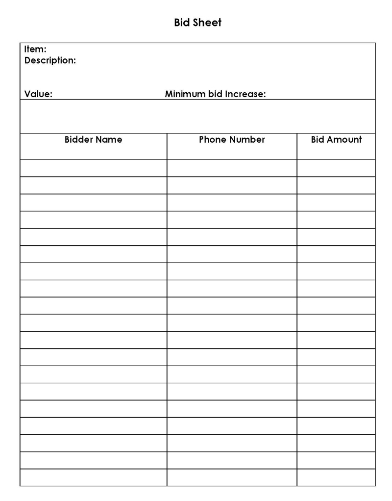 auction bid sheets printable