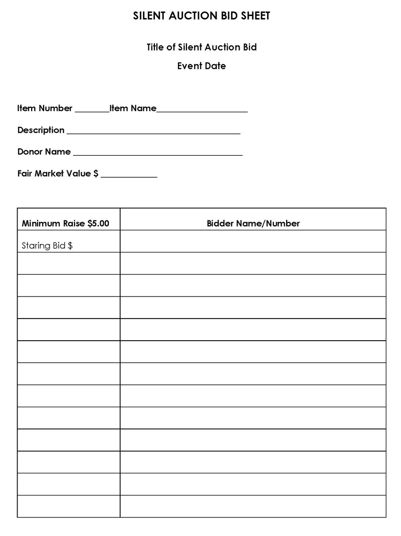 Free Bid Sheet Templates (Silent Auction) - Word, Excel, PDF