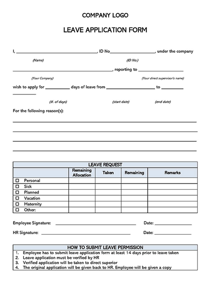 "Editable Leave Application Form Template"