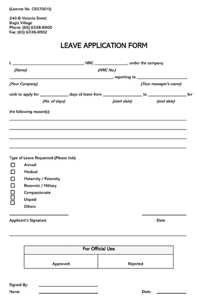 Printable Blank Leave Application Form 02 for Word File