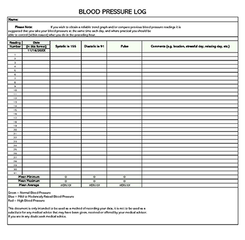 Printable Blood Pressure Log Sheet 15 for Excel