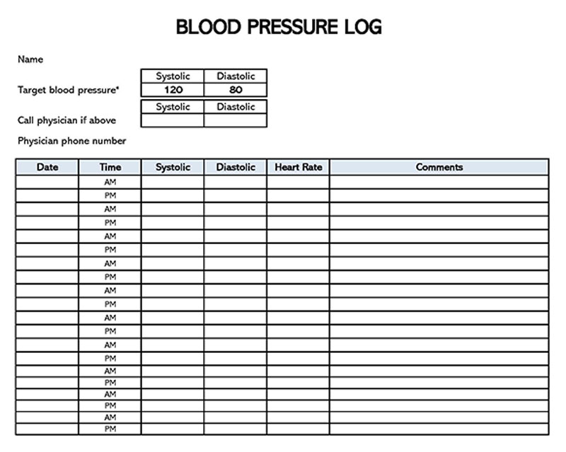 Printable Blood Pressure Log Sheet 20 for Excel