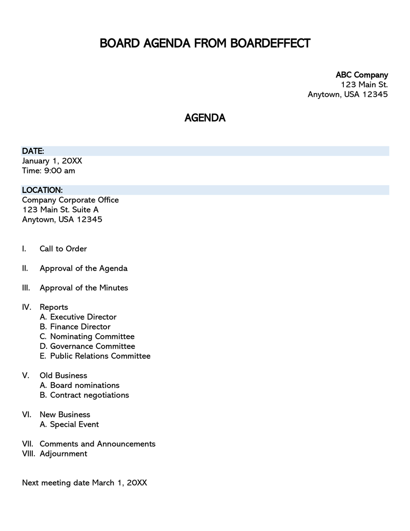 Sample Board Meeting Agenda Format
