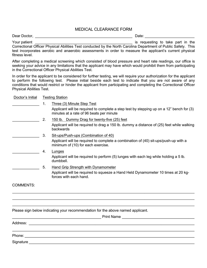 Printable medical clearance form sample