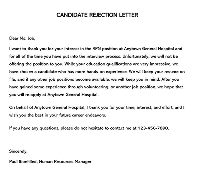 candidate rejection email after interview