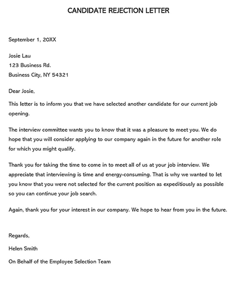 rejection letter after interview position not filled
