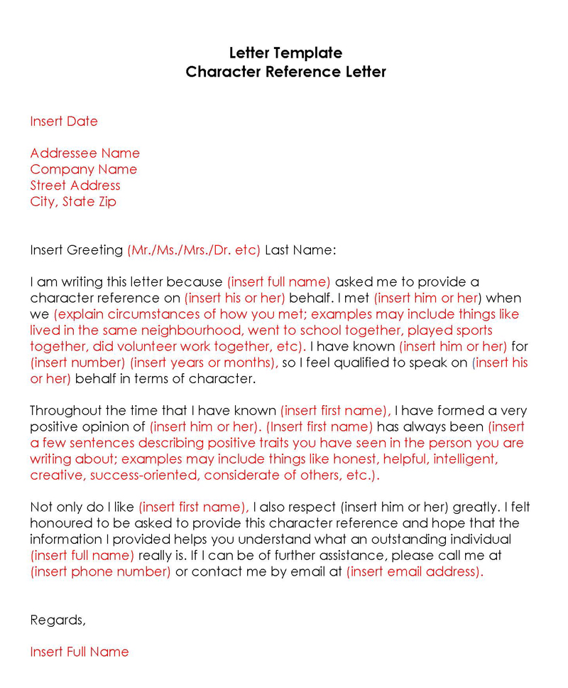 Editable character reference letter template