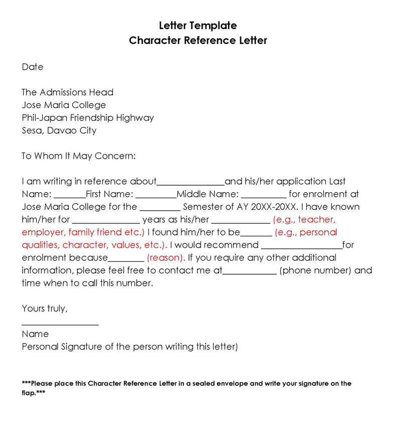 Printable character reference letter form