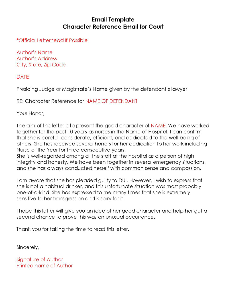 character reference letter for court sample
