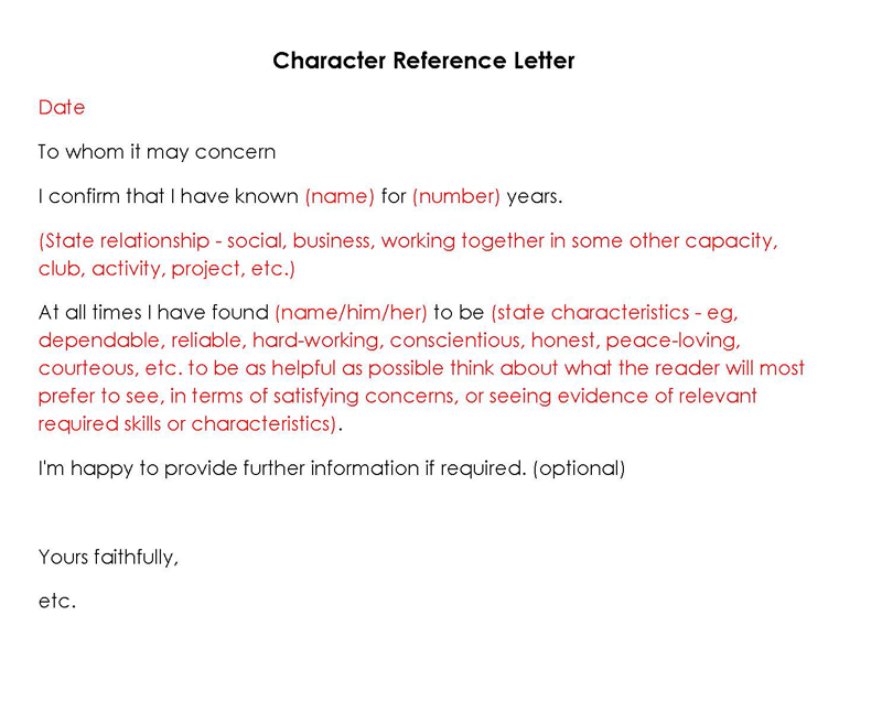 Free character reference letter sample