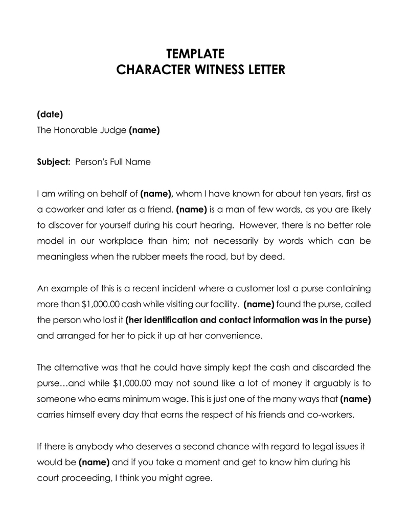 Great Downloadable Coworker Character Witness Letter Sample for Word File