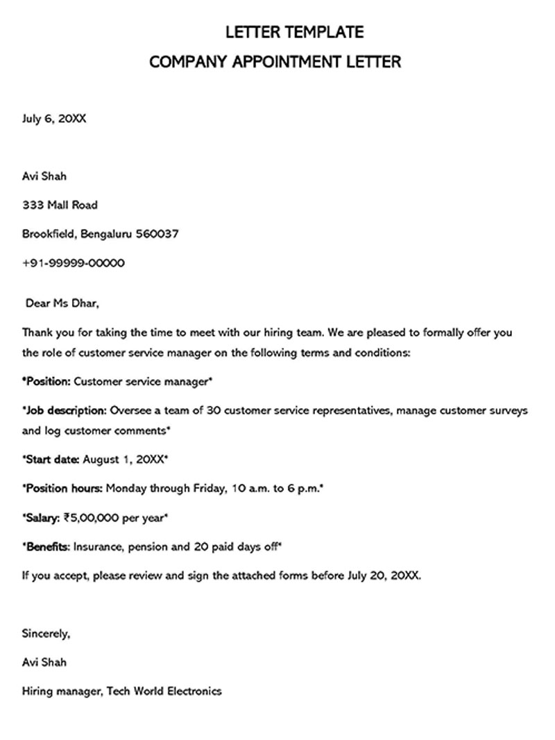 simple appointment letter format in word free download