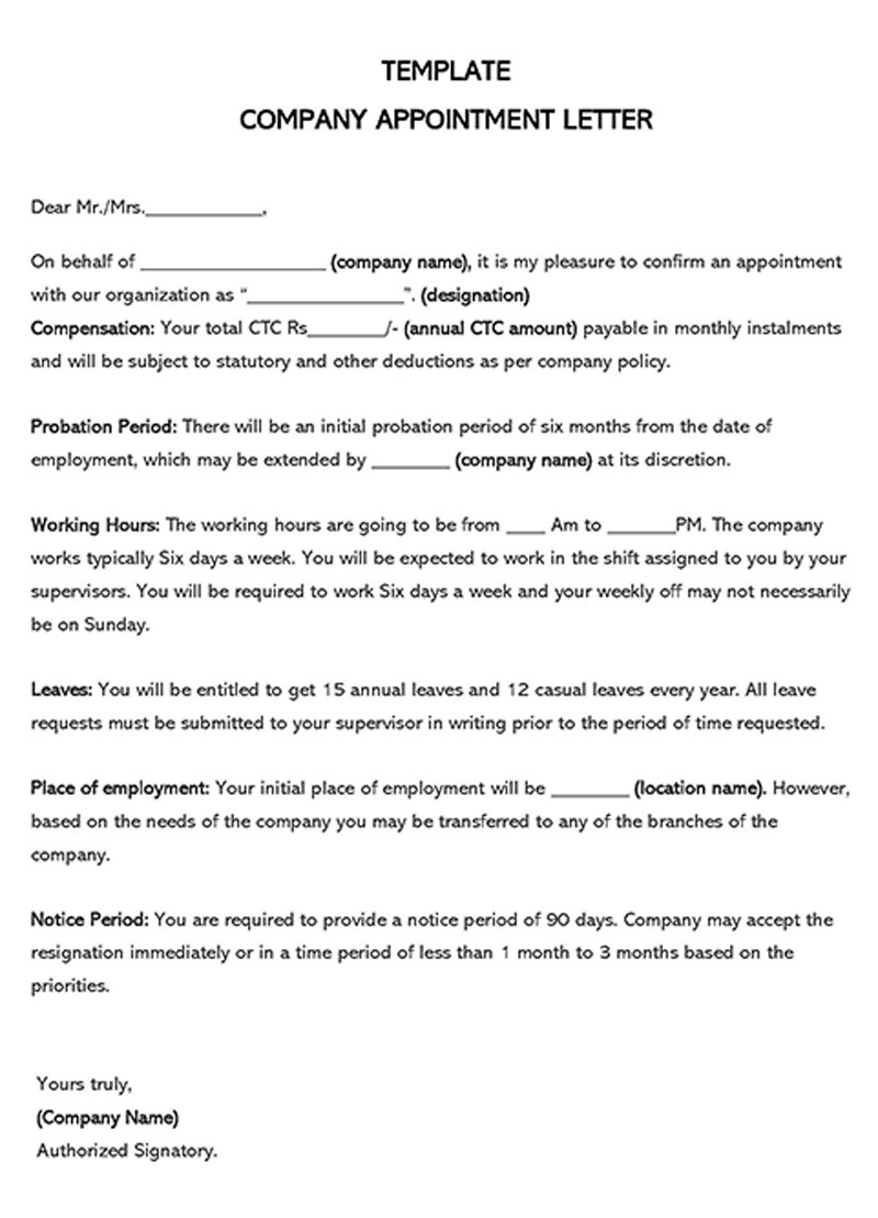 Free Editable Company Appointment Letter Template 01 for Word Document