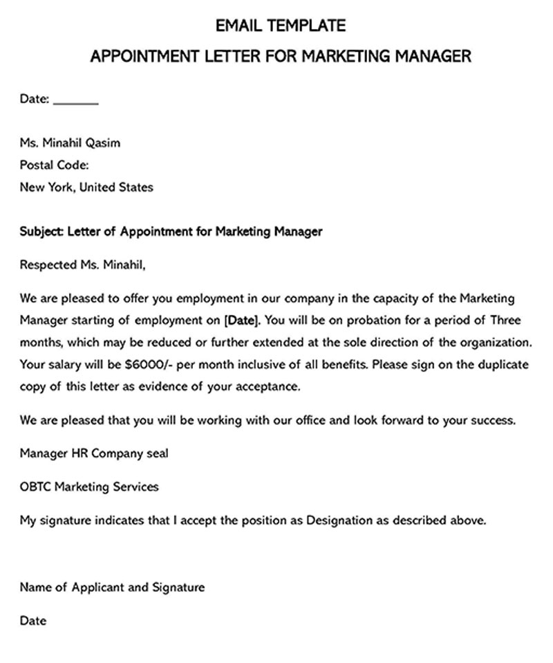 Professional Editable Marketing Manager Appointment Letter Sample for Word File