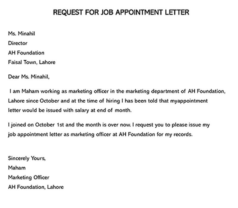 letter of appointment sample