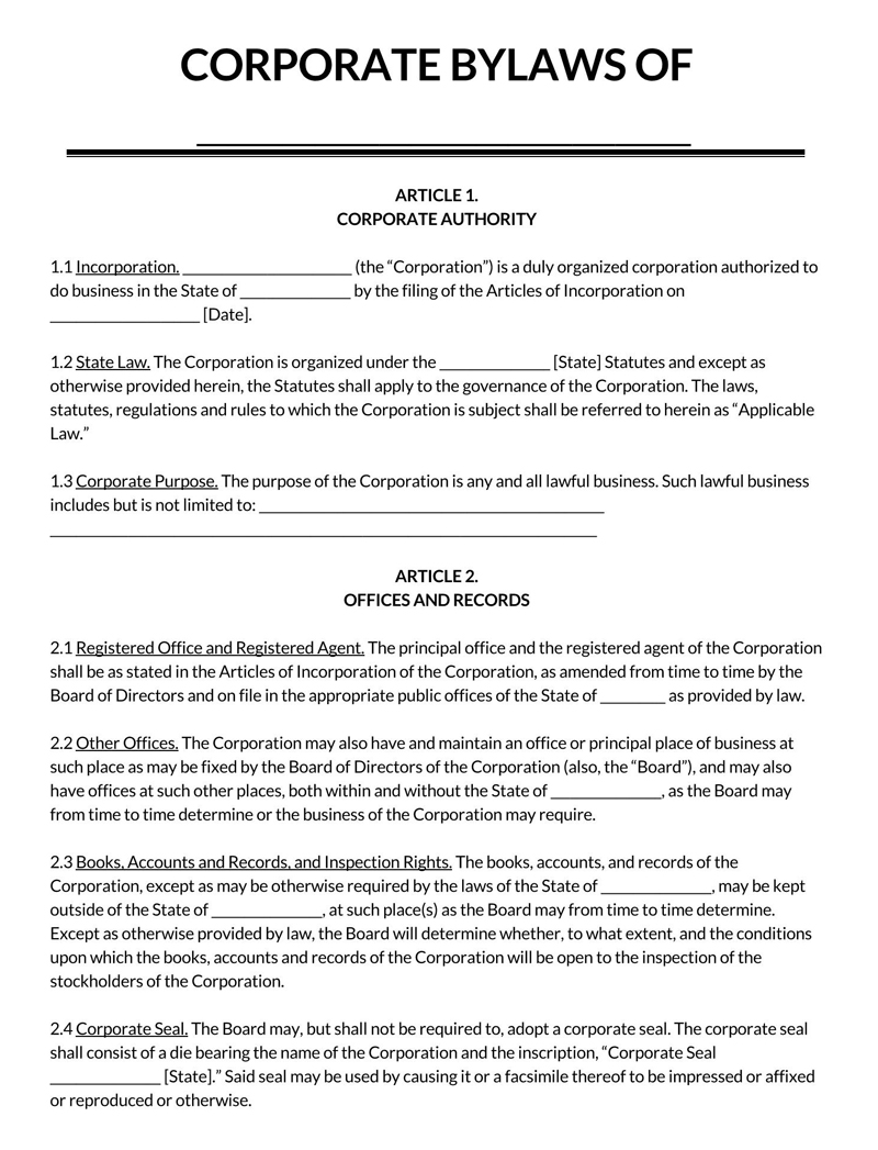 Corporate Bylaws Template - Free Download in Word