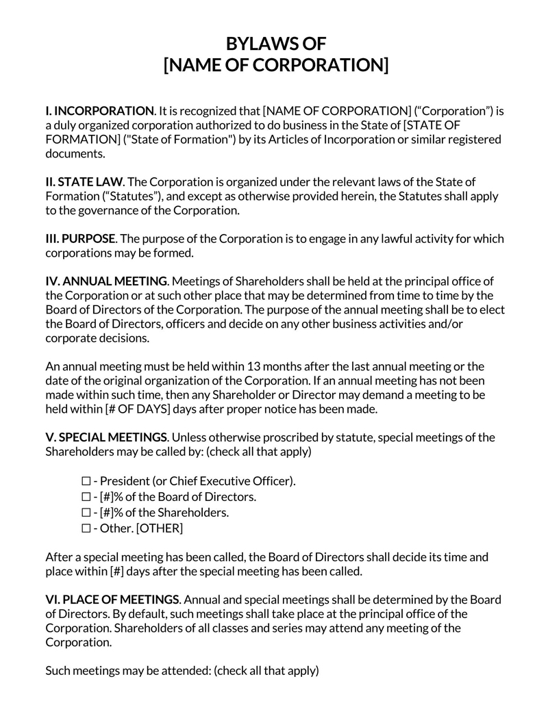 Printable Corporate Bylaws Template - Editable and Free