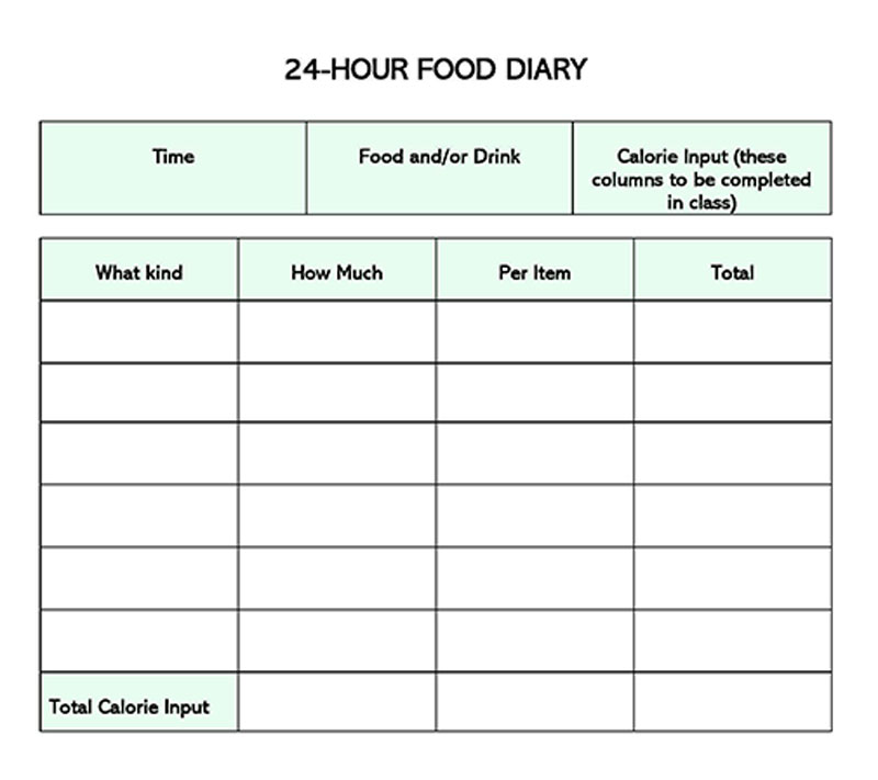 "Downloadable food log template for calorie tracking"