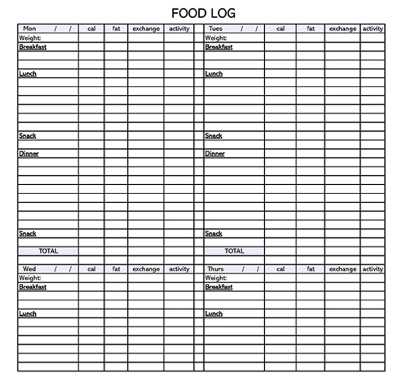 "Downloadable food log template for daily nutrition"