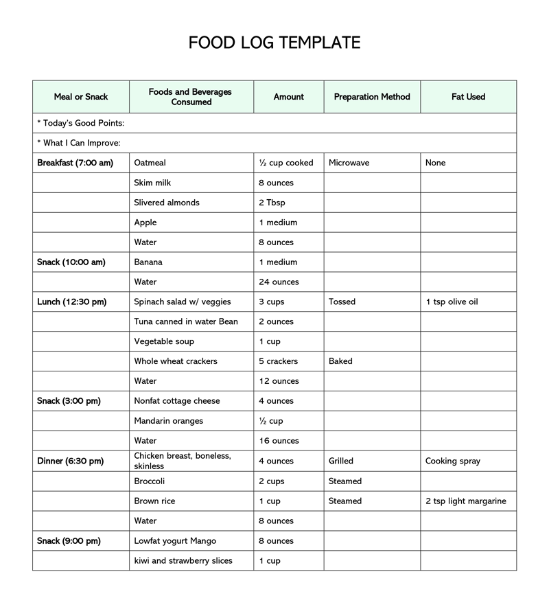 Printable Food Log Template 01 for Word Document