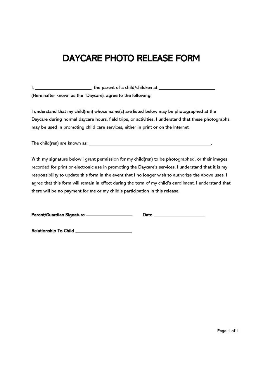 Daycare Photo Release Form Template