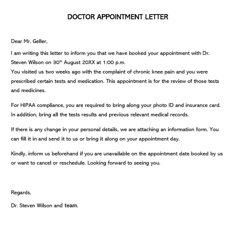 Doctor appointment letter format