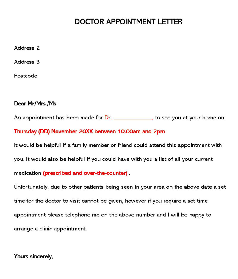 Printable doctor appointment letter template