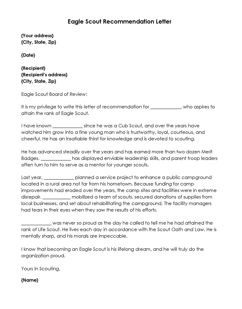 Sample Eagle Scout Recommendation Letter