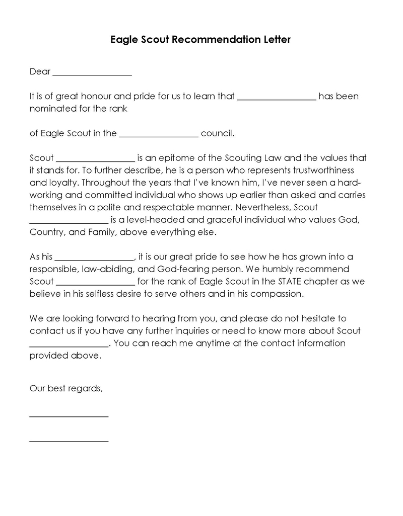 Printable Eagle Scout Recommendation Letter Form