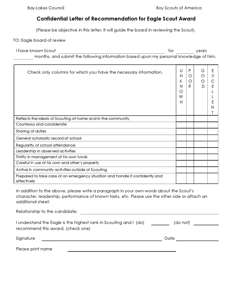 Editable Eagle Scout Recommendation Letter Form