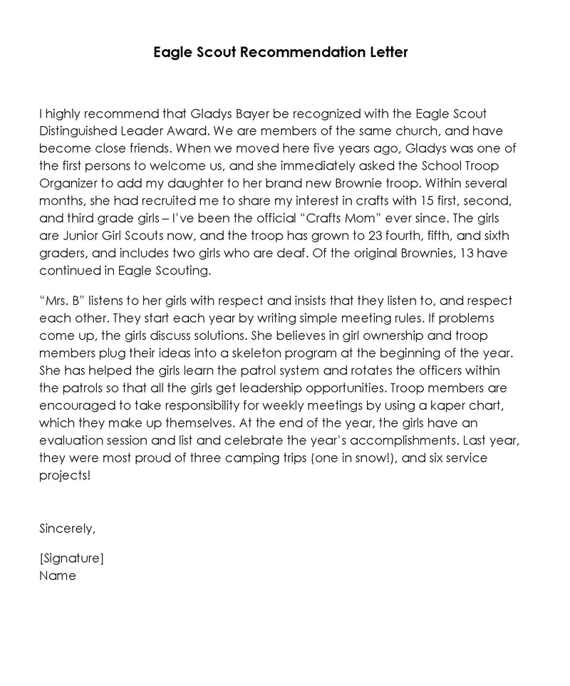 Free Editable Eagle Scout Recommendation Letter Sample 01 for Word Document