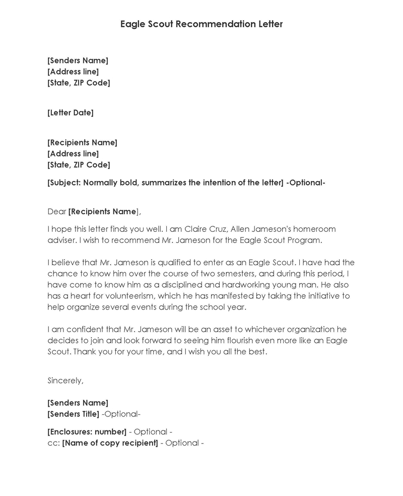 Printable Eagle Scout Recommendation Letter Format