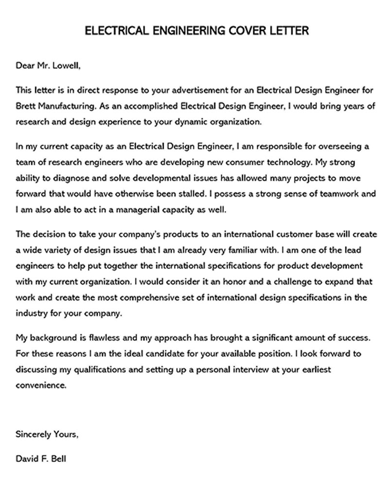 Free Downloadable Electrical Design Engineer Cover Letter Sample for Word Document