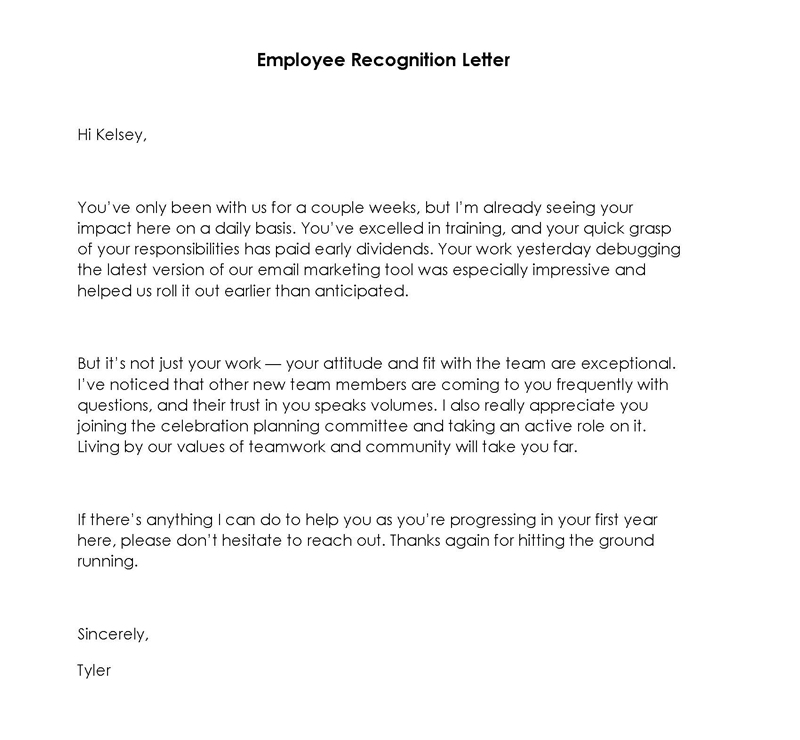 recognition letter for work