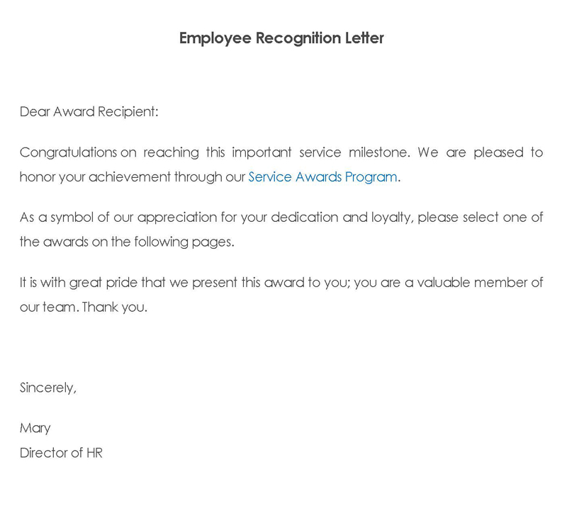 Printable Employee Recognition Letter Sample 10 for Word