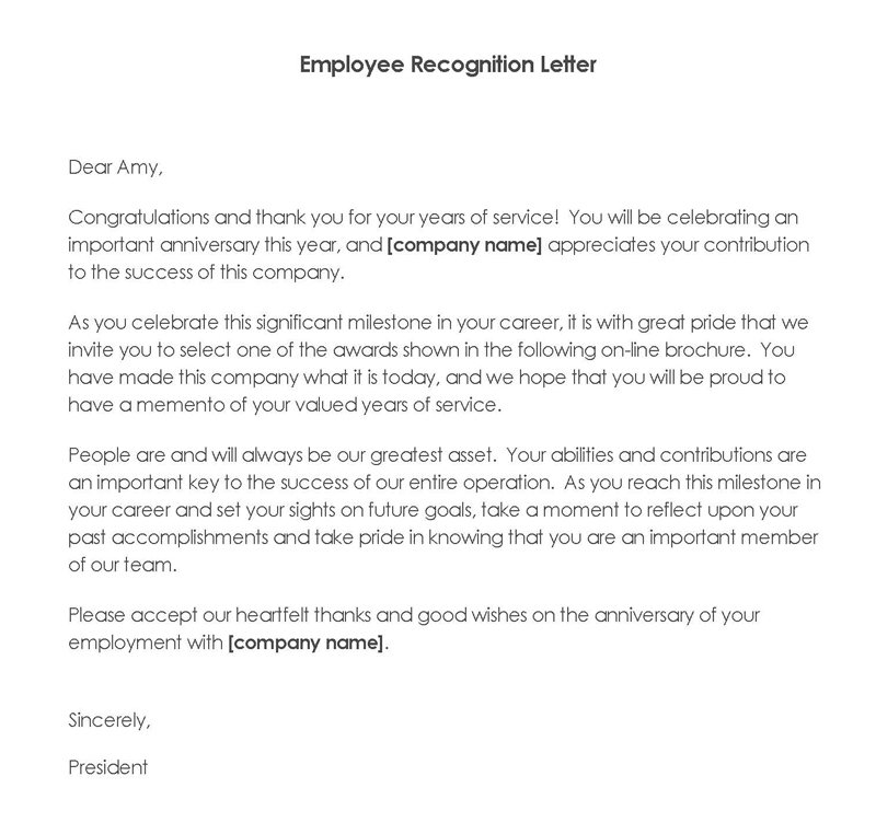 Printable Employee Recognition Letter Sample 15 for Word