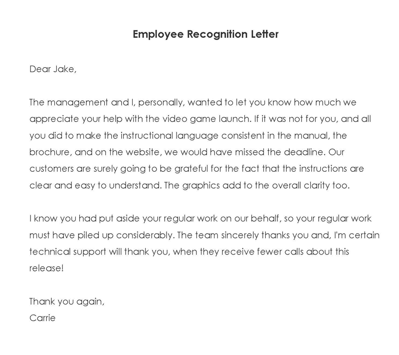 recognition letter to manager