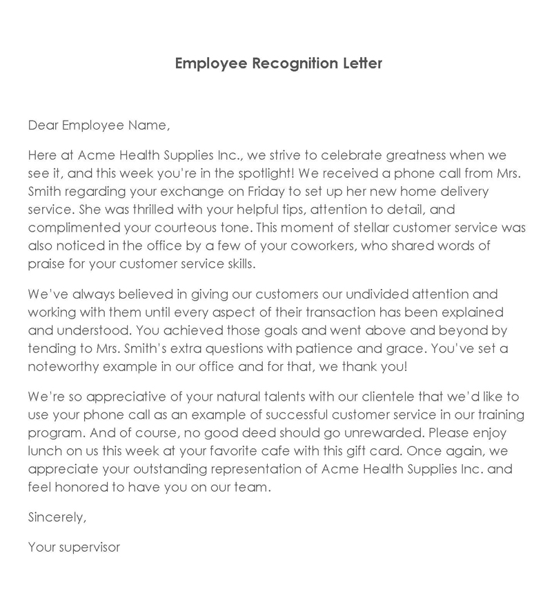 Best Editable Employee Recognition Letter Sample 22 in Word Format