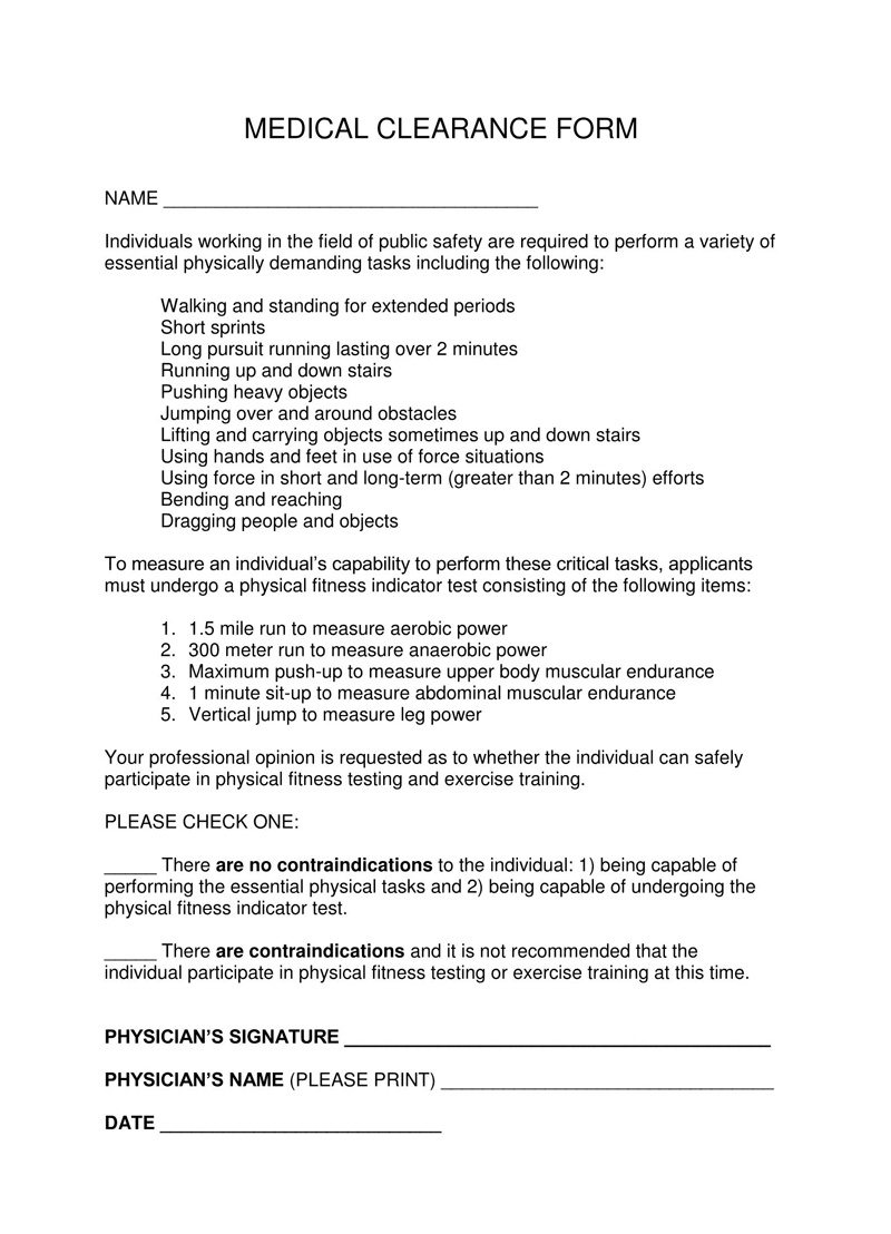 Free medical clearance form example