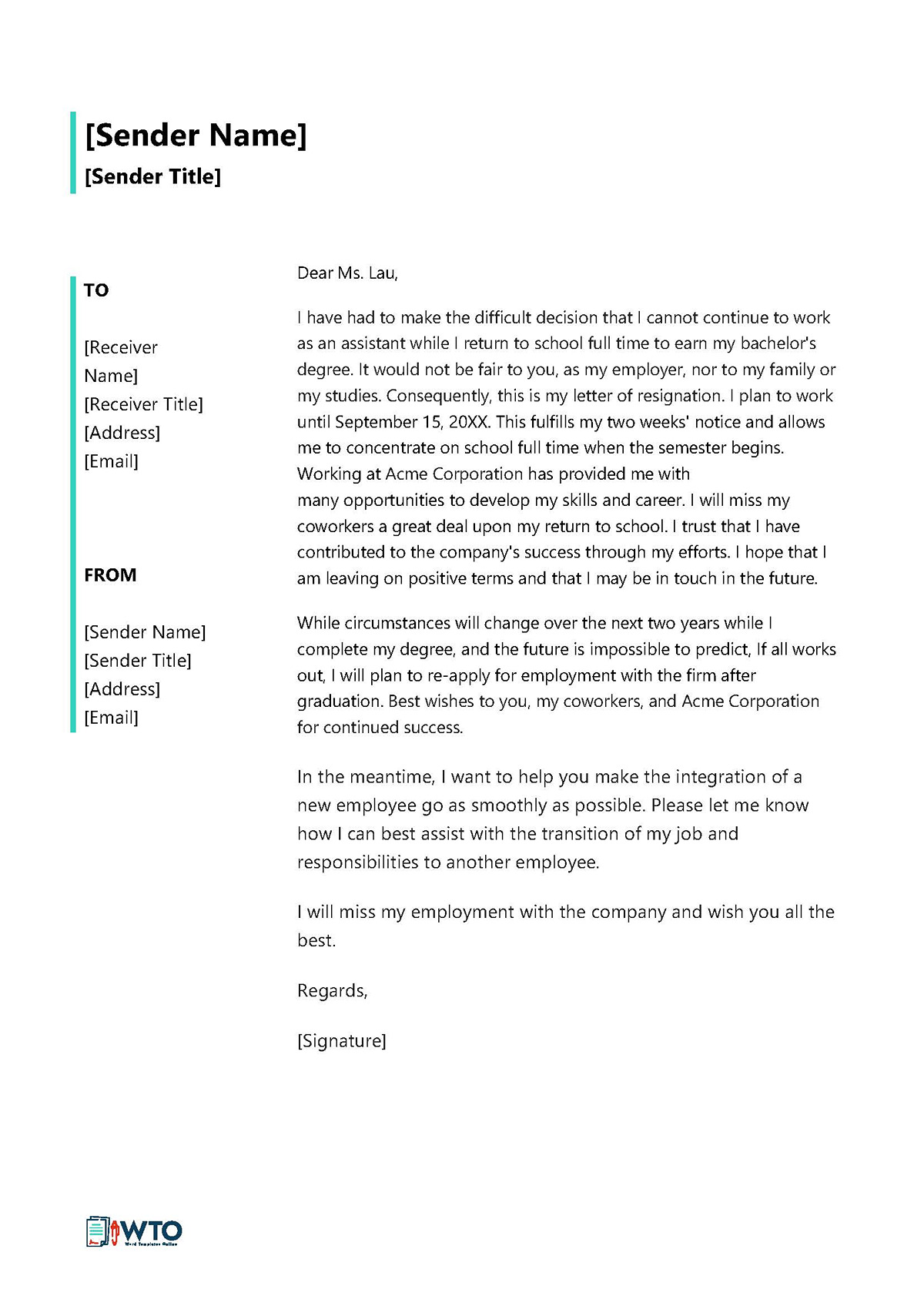 Downloadable Resignation Letter for Going Back Template - Word Format
