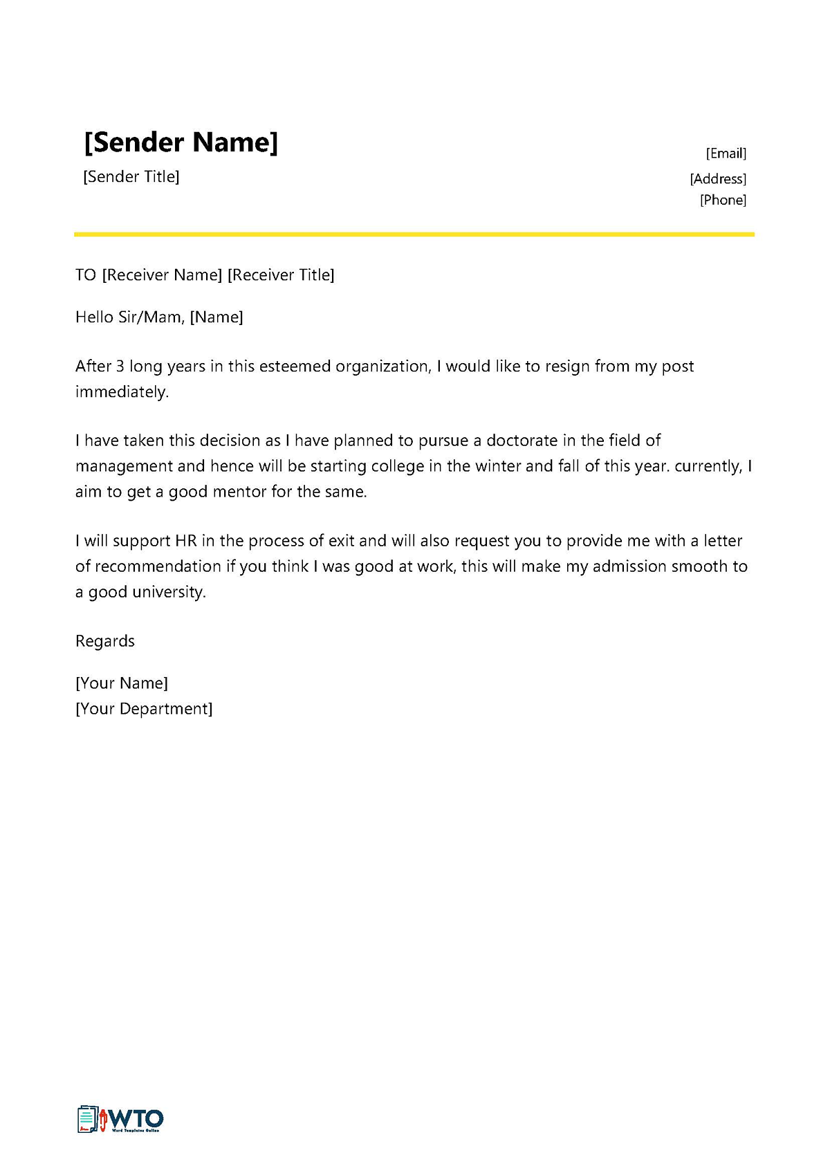 Printable Resignation Letter for Going Back Form - Free Template