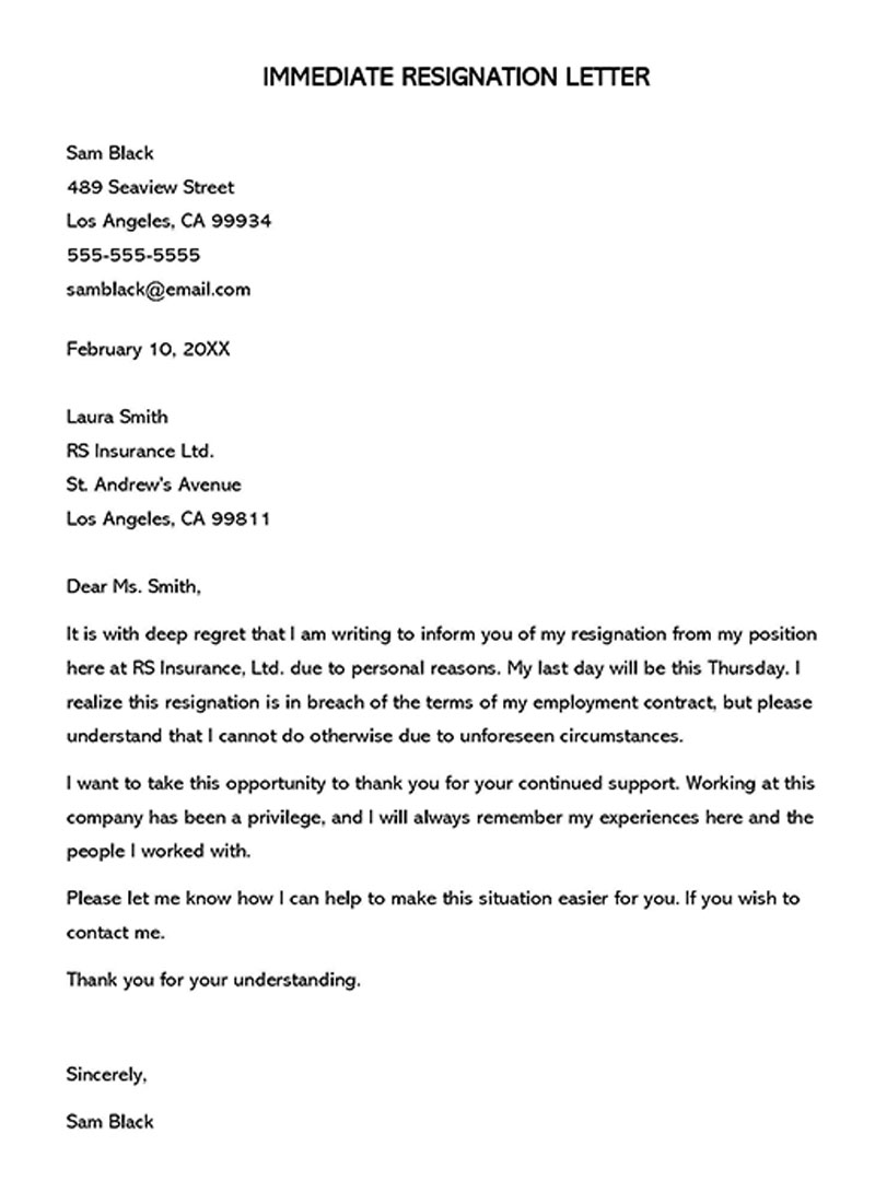 Professional Editable Insurance Agent Immediate Resignation Letter Sample as Word File