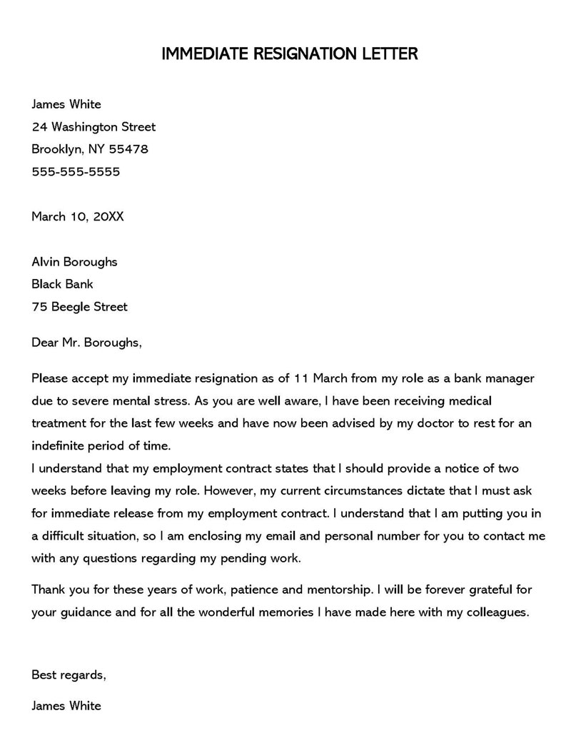 immediate resignation letter due to family problem