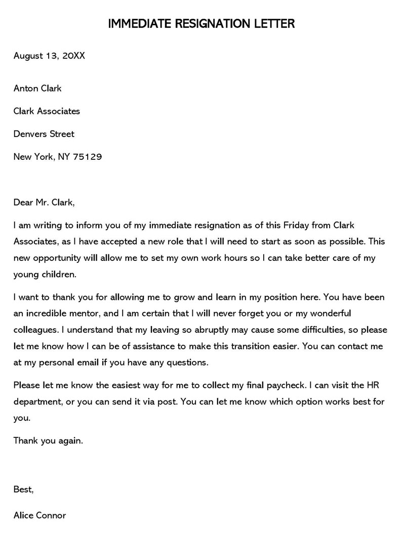 Editable Immediate Resignation Letter