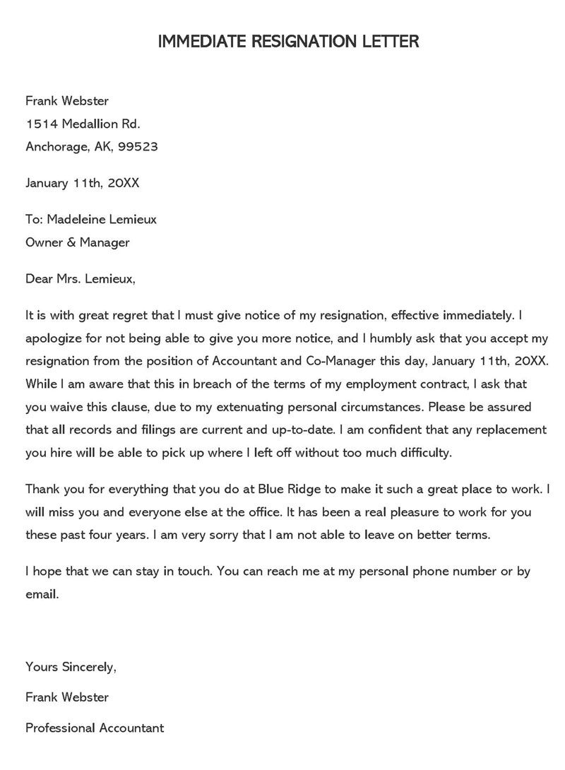 Professional Immediate Resignation Letter Sample