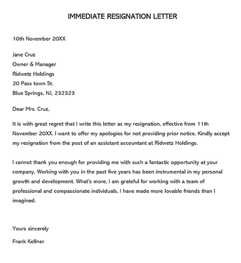 Sample Immediate Resignation Letter